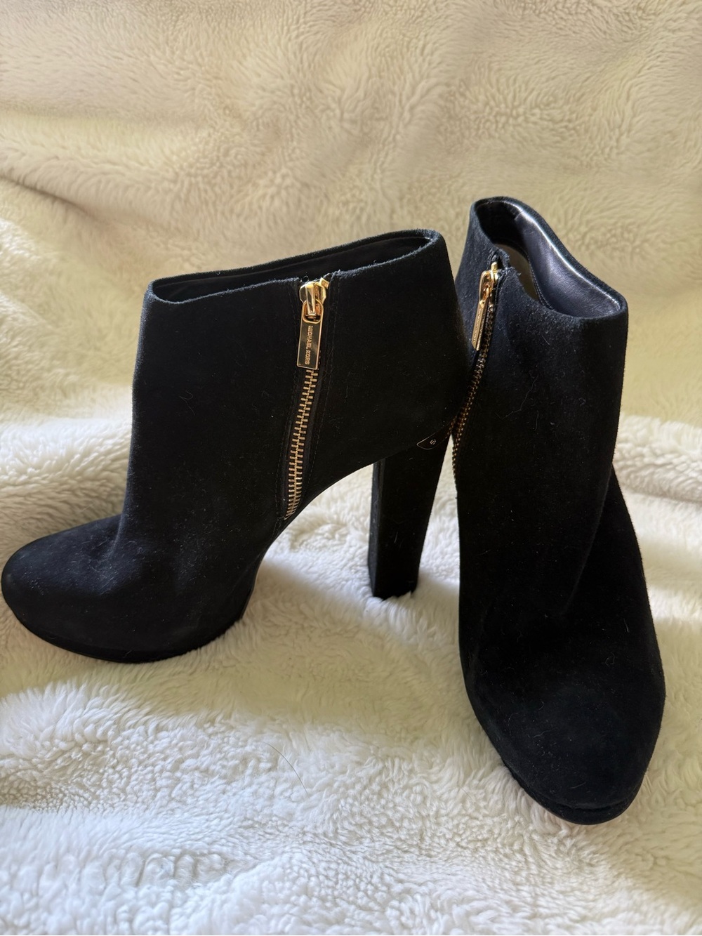 Michael Kors Black Suede Block Heel Ankle Booties with Gold Zipper Detail